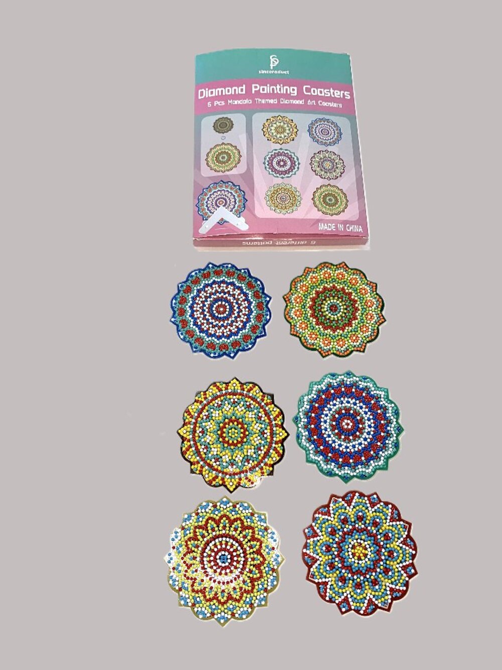 Handmade Diamond Painting Coaster Set of Six with Stand and Original Box Mandala